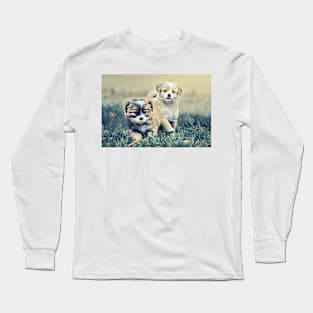 Two Puppies On A Grass Field Long Sleeve T-Shirt